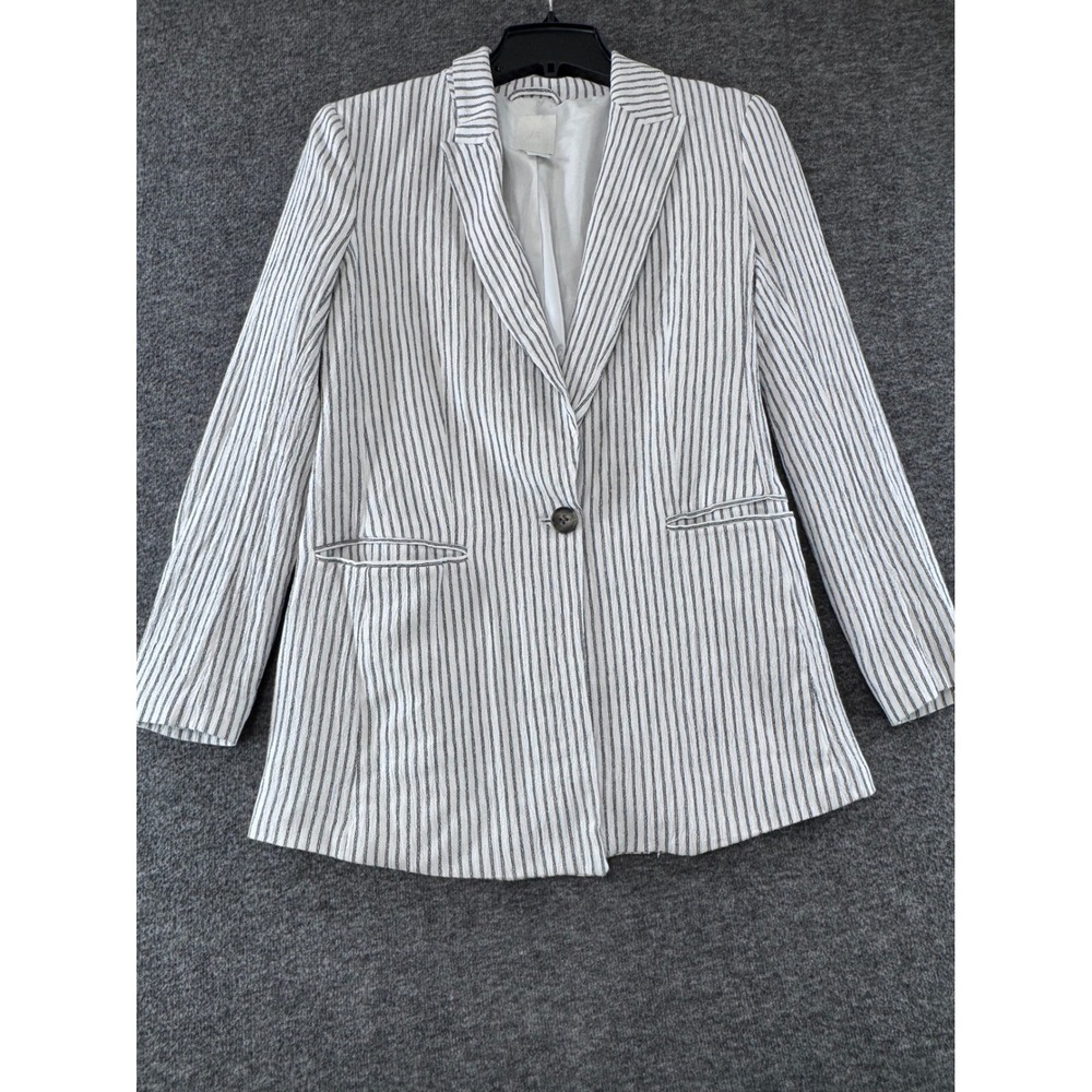 H&M Women White Navy Blue Striped Single Button Blazer Jacket Size 6